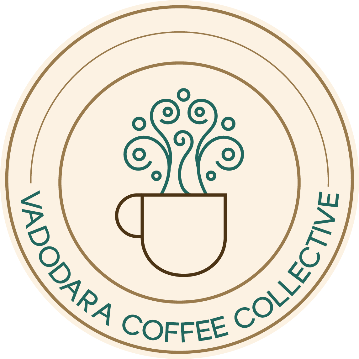 Circular Vadodara Coffee Collective logo featuring a minimalist coffee cup with ornamental steam swirls in teal and brown on a beige background. Badge-style logo for Vadodara Coffee Collective with concentric circles, curved typography, and an abstract steaming coffee cup illustration. Minimal café community logo showing a stylized coffee cup with decorative swirling steam inside a circular seal reading “Vadodara Coffee Collective.” Elegant line-art logo in earthy tones featuring a coffee mug and artistic steam patterns surrounded by circular typography for Vadodara Coffee Collective. Round coffee collective emblem with modern typography and whimsical steam illustration rising from a minimalist cup.
